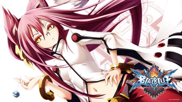 Anime picture 1920x1080 with blazblue kokonoe single long hair highres wide image animal ears yellow eyes purple hair girl navel glasses food bracelet sweets candy lollipop