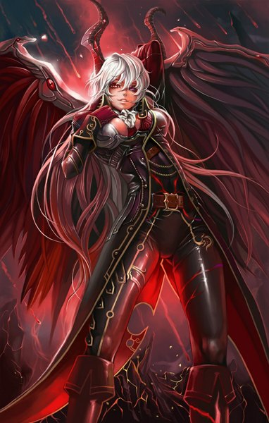 Anime picture 700x1100 with original dantewontdie single long hair tall image red eyes silver hair horn (horns) light smile lips demon girl girl wings thigh boots cloak pilot suit