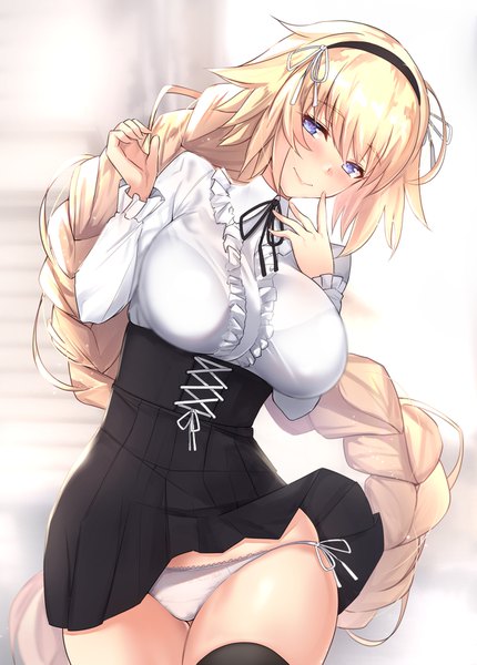 Anime picture 1173x1635 with fate (series) fate/grand order jeanne d'arc (fate) (all) jeanne d'arc (fate) untue single tall image looking at viewer blush fringe breasts blue eyes light erotic blonde hair smile hair between eyes large breasts standing payot braid (braids)