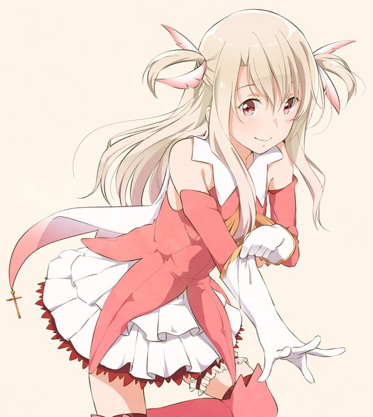 Anime picture 1893x2118 with fate (series) fate/kaleid liner prisma illya type-moon illyasviel von einzbern haine single long hair tall image highres smile red eyes bare shoulders white hair two side up girl thighhighs dress gloves elbow gloves
