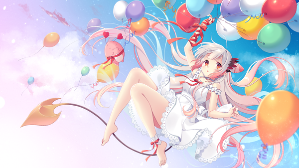 Anime picture 1920x1080 with virtual youtuber honey strap suou patra kusumoto shizuru single blush fringe highres open mouth wide image bare shoulders payot looking away pink hair silver hair full body bent knee (knees) tail very long hair multicolored hair