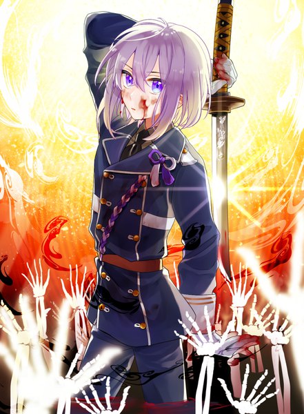 Anime picture 1297x1762 with touken ranbu nitroplus honebami toushirou asuma (hanezu) single tall image looking at viewer fringe short hair hair between eyes purple eyes purple hair arm behind head blood on face bone (bones) boy uniform weapon sword blood