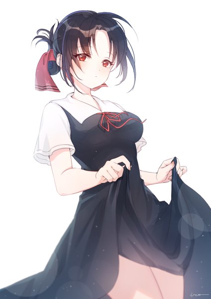 Anime picture 1240x1754 with kaguya-sama wa kokurasetai ~tensai-tachi no renai zunousen~ a-1 pictures shinomiya kaguya sai ichirou single tall image looking at viewer blush fringe short hair breasts black hair simple background red eyes standing white background signed payot from below short sleeves