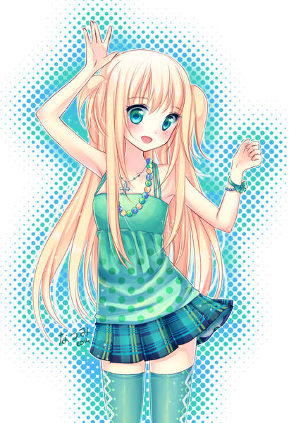 Anime picture 946x1383 with nami (nyaa) single long hair tall image blush blue eyes blonde hair smile girl thighhighs dress skirt choker