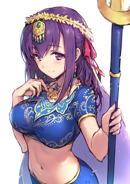 Anime picture 778x1100 with fate (series) fate/grand order matou sakura parvati (fate/grand order) haoni single long hair tall image looking at viewer fringe breasts simple background large breasts white background purple hair traditional clothes pink eyes midriff indian clothes girl