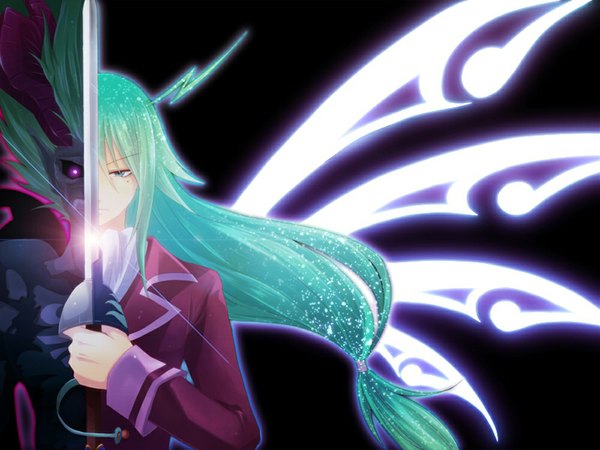 Anime picture 1000x750 with fairy tail freed justine fuchise single long hair purple eyes green eyes green hair heterochromia black background light demon boy weapon epee