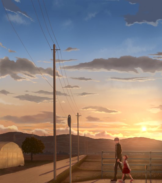 Anime picture 1850x2088 with persona 4 persona narukami yuu doujima nanako yuugure (artist) long hair tall image highres short hair brown hair sky cloud (clouds) eyes closed holding hands evening sunset girl boy uniform plant (plants)