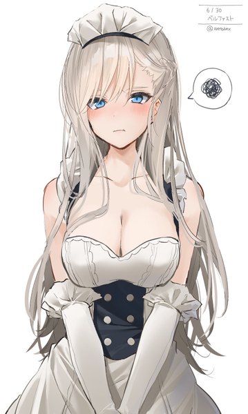 Anime picture 1112x1857 with azur lane belfast (azur lane) xretakex single long hair tall image looking at viewer blush fringe breasts blue eyes light erotic simple background hair between eyes large breasts white background bare shoulders signed cleavage silver hair