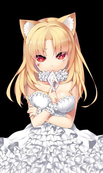 Anime picture 1000x1667 with original saru (longbb) single long hair tall image looking at viewer blush fringe breasts light erotic simple background blonde hair smile red eyes large breasts animal ears cleavage upper body cat ears cat girl