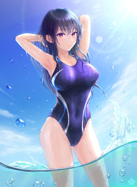 Anime picture 1761x2400 with original hane kakito single long hair tall image looking at viewer blush fringe highres breasts light erotic black hair hair between eyes red eyes large breasts standing sky outdoors sunlight arms up