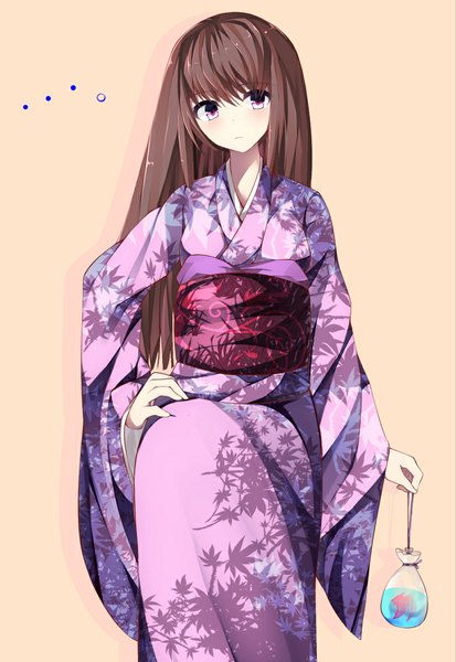 Anime picture 800x1161 with original iori (cpeilad) single long hair tall image looking at viewer simple background brown hair purple eyes traditional clothes japanese clothes hand on hip girl kimono fish (fishes)