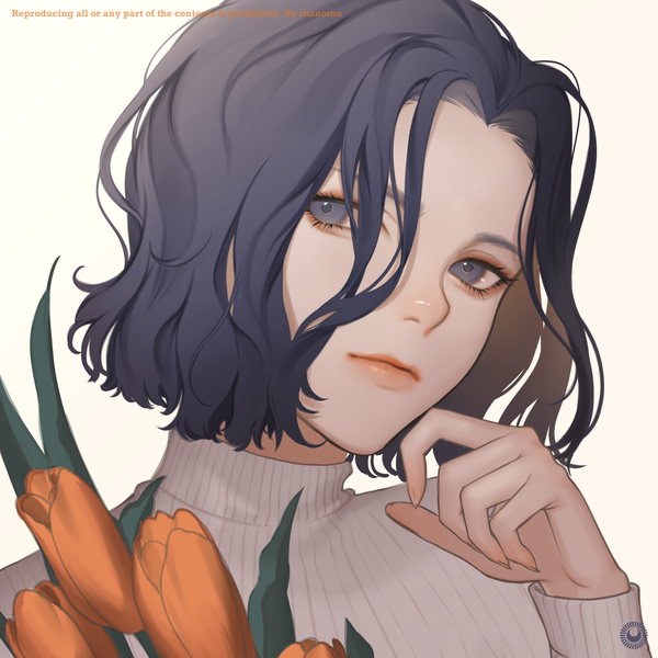 Anime picture 1600x1600 with original inanome me single looking at viewer short hair black hair simple background white background upper body black eyes lipstick wavy hair makeup orange lipstick girl flower (flowers) turtleneck tulip