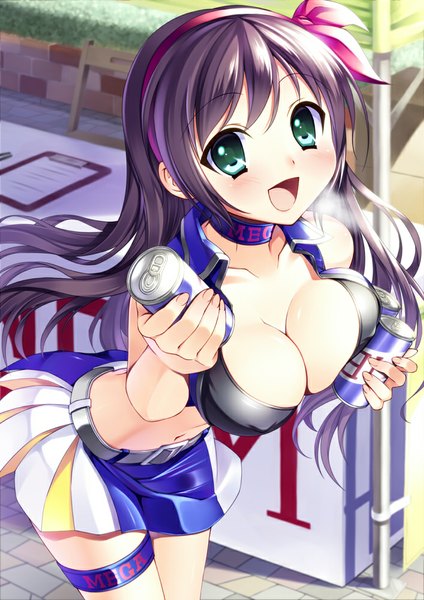 Anime picture 707x1000 with original bucchake (asami) single long hair tall image looking at viewer blush breasts open mouth blue eyes light erotic large breasts cleavage purple hair girl navel hairband