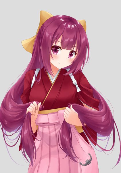 Anime picture 694x988 with kantai collection kamikaze destroyer hoshino kagari single long hair tall image looking at viewer blush fringe simple background smile purple eyes payot purple hair traditional clothes japanese clothes grey background half updo holding hair girl
