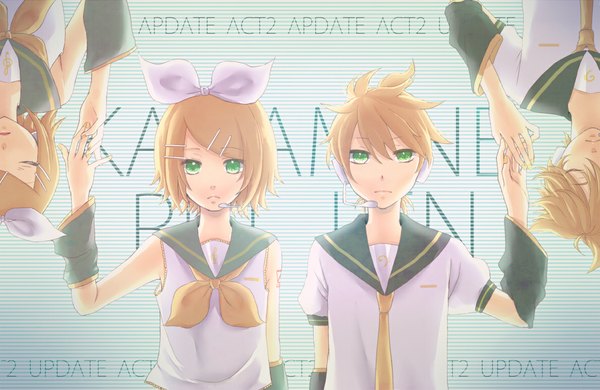 Anime picture 1188x774 with vocaloid kagamine rin kagamine len chako futoshi (artist) short hair blonde hair twintails bare shoulders green eyes eyes closed nail polish dual persona girl boy hair ornament bow hair bow detached sleeves necktie headphones