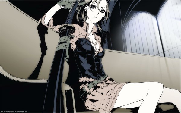 Anime picture 1920x1200 with dogs: bullets & carnage david production fuyumine naoto miwa shirow single highres open mouth blonde hair wide image sitting cleavage black eyes official art legs scar pale skin girl gloves miniskirt sword