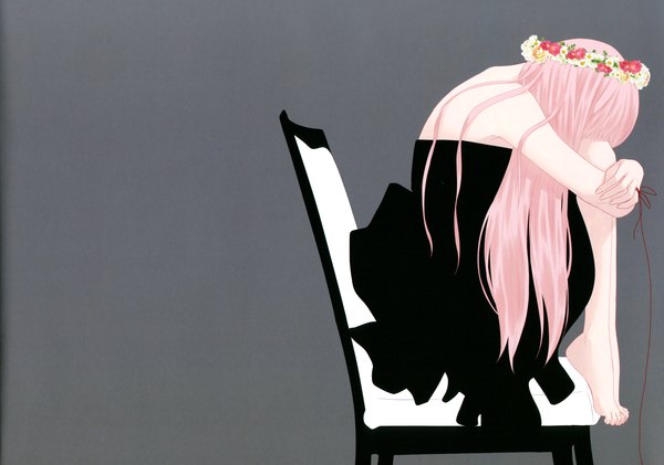 Anime picture 3428x2408 with vocaloid just be friends (vocaloid) megurine luka single long hair highres simple background sitting pink hair absurdres barefoot grey background leg hug girl dress black dress chair wreath thread red thread