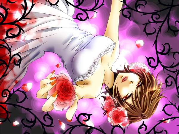 Anime picture 1200x900 with vocaloid meiko si miyabi short hair red eyes brown hair hair flower lipstick girl dress hair ornament flower (flowers) petals white dress rose (roses) red rose thorns