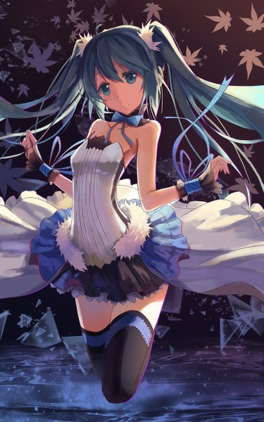 Anime picture 769x1228 with 7th dragon 2020 vocaloid hatsune miku tianya beiming single long hair tall image looking at viewer fringe blue eyes simple background smile twintails bare shoulders blue hair bent knee (knees) black background jumping girl bow