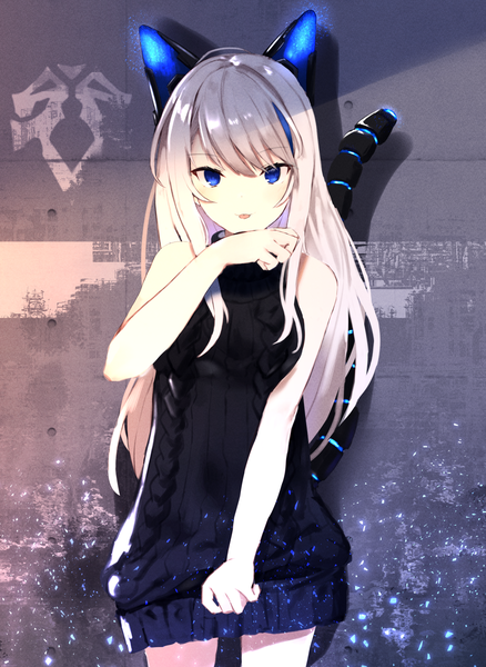 Anime picture 1183x1619 with original chamnaitu single long hair tall image looking at viewer blush fringe breasts blue eyes hair between eyes standing bare shoulders animal ears payot tail animal tail multicolored hair grey hair cat ears