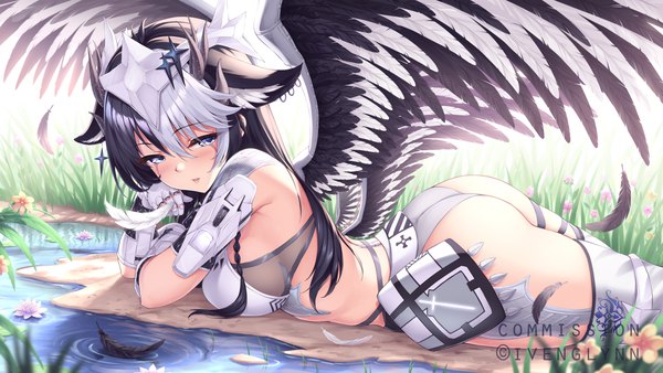 Anime picture 2000x1125 with original ivenglynn single long hair looking at viewer blush fringe highres breasts blue eyes light erotic black hair hair between eyes wide image large breasts holding signed animal ears outdoors ass