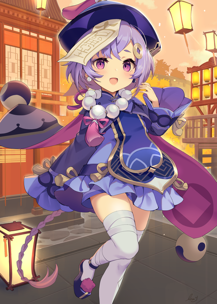 Anime picture 1283x1800 with genshin impact qiqi (genshin impact) ikomochi single tall image looking at viewer blush open mouth purple eyes purple hair outdoors braid (braids) very long hair traditional clothes :d single braid chinese clothes girl thighhighs hat