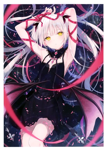 Anime picture 2419x3421 with original rurudo single long hair tall image looking at viewer blush fringe highres twintails yellow eyes white hair lying parted lips head tilt from above scan arms up armpit (armpits) on back