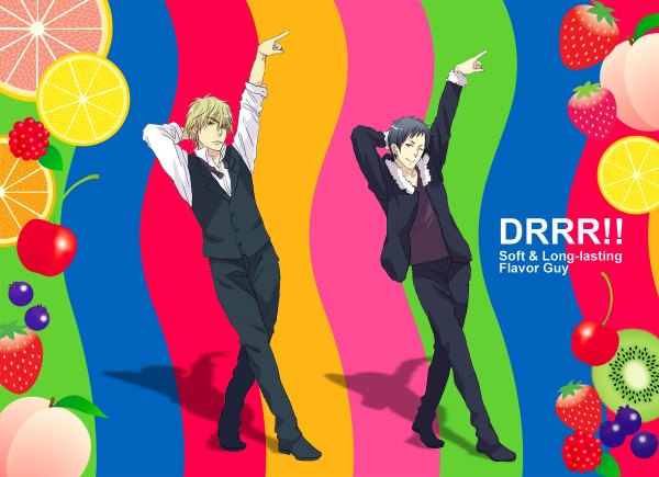 Anime-Bild 1200x870 mit durarara!! brains base (studio) orihara izaya heiwajima shizuo orange background dancing humor boy food fruit berry (berries) strawberry cherry lemon