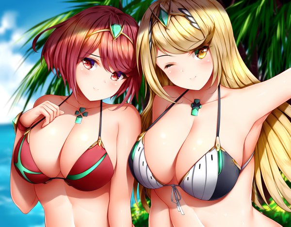 Anime picture 2000x1563 with xenoblade xenoblade 2 pyra (xenoblade) mythra (xenoblade) wsman long hair looking at viewer blush fringe highres short hair breasts light erotic blonde hair smile hair between eyes red eyes large breasts bare shoulders multiple girls