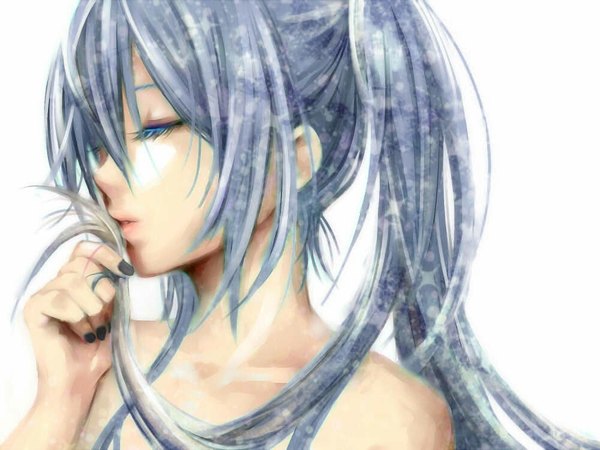 Anime picture 1000x750 with vocaloid hatsune miku ao+beni single long hair fringe simple background white background twintails eyes closed nail polish profile lips aqua hair kiss girl