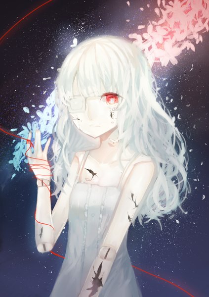 Anime picture 1200x1700 with original evillest single long hair tall image looking at viewer fringe red eyes sky white hair night night sky white skin crack girl dress flower (flowers) white dress star (stars) eyepatch