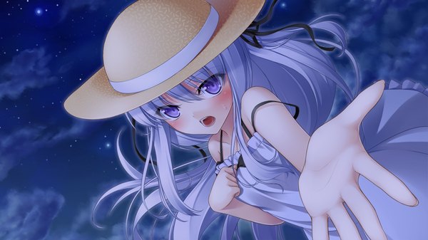 Anime picture 1280x720 with sangoku hime unicorn-a long hair blush open mouth blue eyes wide image game cg white hair night loli girl hat sundress