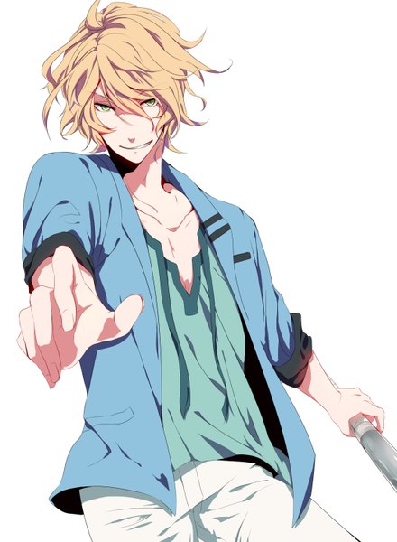 Anime picture 1100x1500 with uta no prince-sama a-1 pictures shinomiya satsuki masa (artist) single tall image short hair simple background blonde hair smile white background green eyes ahoge twisty sleeves boy