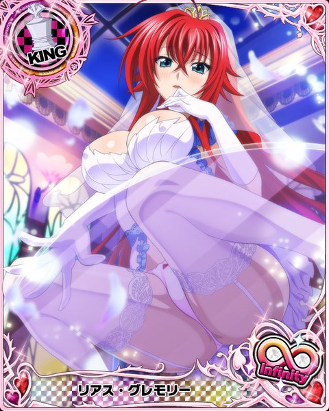 Anime picture 640x800 with highschool dxd rias gremory single tall image looking at viewer blush breasts open mouth blue eyes light erotic large breasts red hair very long hair card (medium) girl thighhighs dress gloves underwear panties