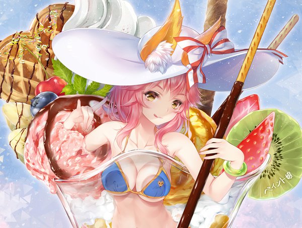 Anime picture 1000x757 with fate (series) fate/grand order tamamo (fate) (all) tamamo no mae (swimsuit lancer) (fate) paint musume single long hair looking at viewer blush fringe breasts light erotic hair between eyes bare shoulders holding signed animal ears yellow eyes payot pink hair