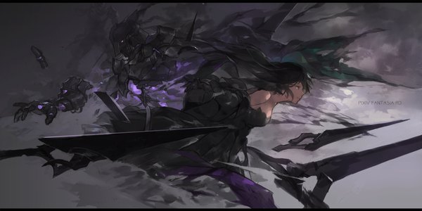 Anime picture 2126x1063 with original pixiv fantasia pixiv fantasia revenge of the darkness swd3e2 long hair fringe highres breasts black hair hair between eyes wide image purple eyes bare shoulders looking away profile glowing dark background glowing eye (eyes) outstretched hand broken