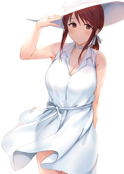 Anime picture 858x1200 with idolmaster idolmaster cinderella girls mifune miyu nuclear warhead (anti) single long hair tall image looking at viewer blush fringe breasts light erotic hair between eyes red eyes brown hair large breasts standing bare shoulders payot cleavage