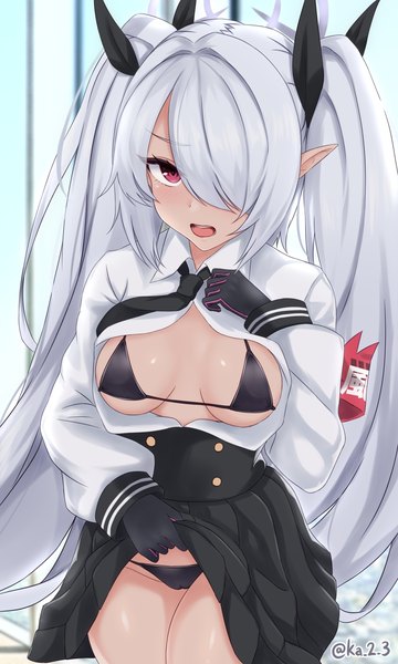 Anime picture 900x1500 with blue archive iori (blue archive) ka tsumi single long hair tall image fringe breasts open mouth light erotic red eyes twintails signed silver hair pointy ears hair over one eye twitter username skirt lift partially open clothes girl