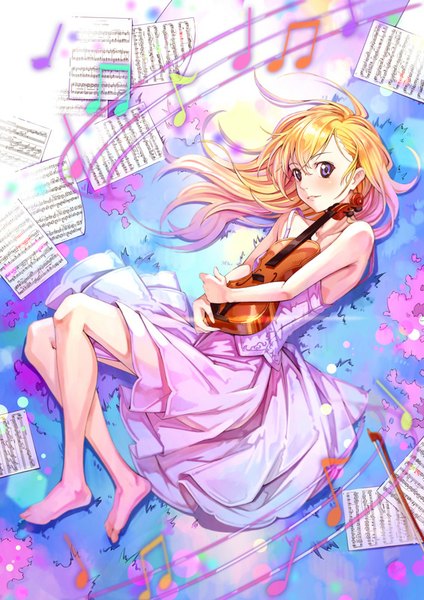 Anime picture 566x800 with shigatsu wa kimi no uso a-1 pictures miyazono kaori sogdin single long hair tall image fringe blue eyes blonde hair bare shoulders bent knee (knees) barefoot bare legs no shoes girl dress white dress musical instrument paper