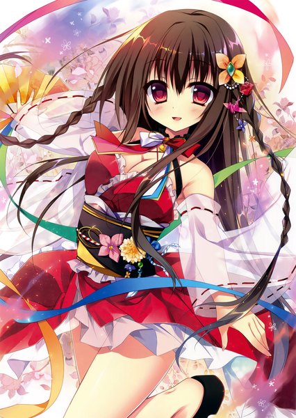 Anime picture 2342x3300 with original eshi 100-nin ten matsumiya kiseri single long hair tall image looking at viewer blush highres open mouth black hair red eyes traditional clothes japanese clothes scan official art miko girl hair ornament flower (flowers)