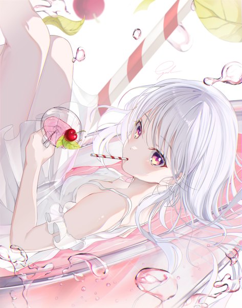Anime-Bild 2600x3300 mit original gyeou lee single long hair tall image looking at viewer fringe highres holding silver hair mouth hold multicolored eyes girl dress white dress fruit drink drinking straw cherry cocktail glass