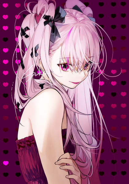 Anime picture 700x1000 with original sorolp single long hair tall image looking at viewer fringe simple background smile hair between eyes twintails signed pink hair upper body pink eyes multicolored hair two-tone hair lipstick pink lipstick hair over shoulder