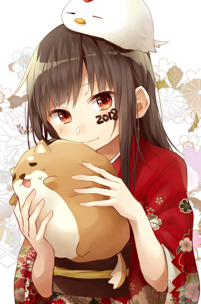 Anime picture 1160x1748 with original satou saya single long hair tall image looking at viewer blush fringe smile red eyes brown hair white background holding long sleeves traditional clothes head tilt japanese clothes wide sleeves floral print new year