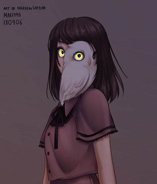 Anime picture 2480x2900 with original mari945 single long hair tall image looking at viewer fringe highres black hair simple background signed yellow eyes upper body grey background wide sleeves glowing glowing eye (eyes) covering eye (eyes) animal on shoulder bird on shoulder