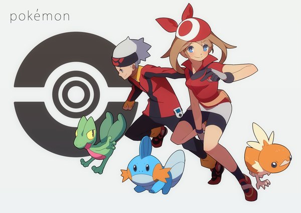 Anime picture 1062x752 with pokemon pokemon rse nintendo may (pokemon) mudkip torchic ruby (pokemon) treecko hajime (hajime-ill-1st) long hair blush short hair blue eyes simple background smile brown hair bent knee (knees) profile grey background copyright name