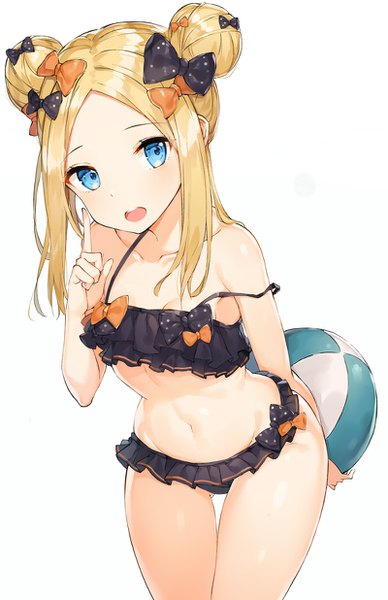 Anime picture 800x1236 with fate (series) fate/grand order abigail williams (fate) rikoma single long hair tall image looking at viewer blush fringe breasts open mouth blue eyes light erotic simple background blonde hair standing white background bare shoulders holding