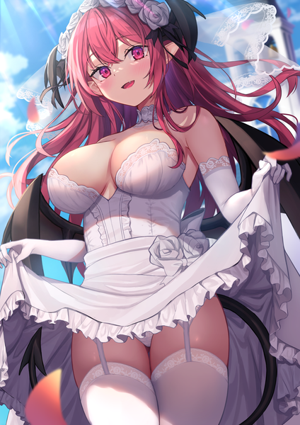 Anime picture 1447x2047 with touhou koakuma wowoguni single long hair tall image looking at viewer blush fringe breasts open mouth light erotic smile hair between eyes red eyes large breasts standing sky cloud (clouds) outdoors