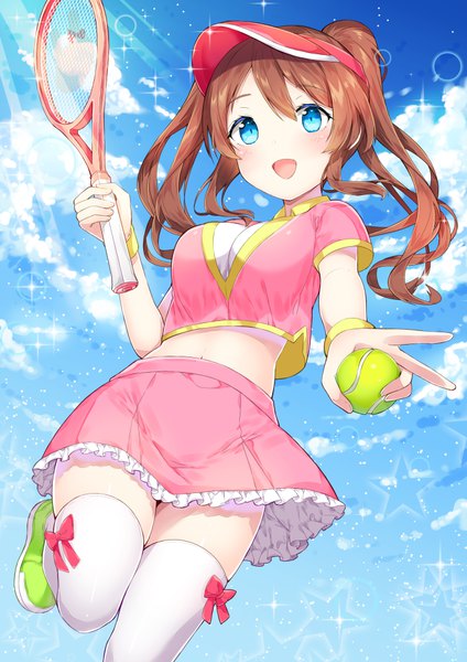 Anime picture 707x1000 with original moe2017 chitetan single long hair tall image blush fringe open mouth blue eyes smile hair between eyes brown hair standing twintails holding looking away sky cloud (clouds) bent knee (knees)