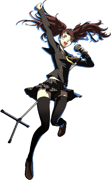 Anime picture 989x1604 with persona 4 persona persona 4: dancing all night kujikawa rise soejima shigenori single long hair tall image highres open mouth brown hair twintails holding yellow eyes looking away full body bent knee (knees) arms up official art skirt lift