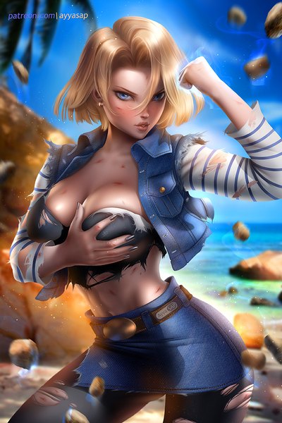 Anime picture 720x1080 with dragon ball dragon ball z android 18 ayyasap single tall image looking at viewer blush fringe short hair breasts blue eyes light erotic blonde hair hair between eyes standing signed sky cleavage outdoors